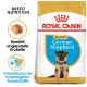 Royal Canin Welpen Deutscher Schäferhund Hundefutterbeutel mit einem Deutschen Schäferhund-Welpen, mit Text, der die Rassenernährung und die Unterstützung des Immunsystems hervorhebt.