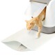 Eine hellorangefarbene getigerte Katze kommt aus einer modernen Katzentoilette auf eine strukturierte weiße Matte, die Streu auffängt.
