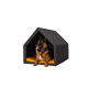 Ein glücklicher Hund, der in einem gemütlichen schwarzen Hundehäuschen mit einem gelben Kissen sitzt, mit einem dreieckigen Dachdesign.