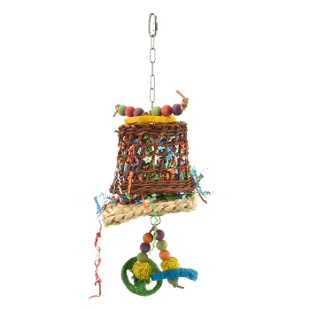 Papageienspielzeug Color Bell Fun Buntes Vogelspielzeug aus gewebten Materialien, mit einer Glockenform, Perlen und hängenden Elementen zum Spielen und zur Bereicherung.