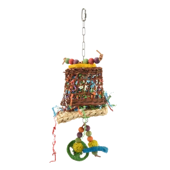 Buntes Vogelspielzeug aus gewebten Materialien, mit einer Glockenform, Perlen und hängenden Elementen zum Spielen und zur Bereicherung.