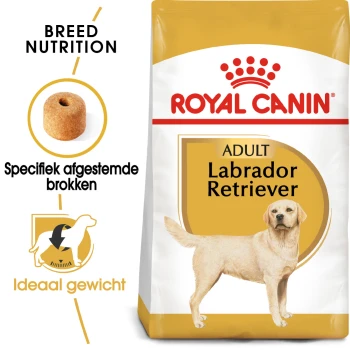 Labrador Retriever Adult 12 kg Royal Canin Labrador Retriever hondenvoerzak, met de tekst 'ADULT Labrador Retriever' en iconen voor rasvoeding en ideaal gewicht.