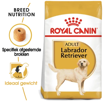 Royal Canin Labrador Retriever hondenvoerzak, met de tekst 'ADULT Labrador Retriever' en iconen voor rasvoeding en ideaal gewicht.