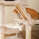 Zwei Katzen spielen auf einem weichen, mehrstöckigen Kratzbaum; eine weiße Katze entspannt sich in einer Hängematte, während eine orangefarbene Tabby oben erkundet.