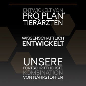 Bild mit Text, der Pro Plan Haustierfutter bewirbt, das von Tierärzten entwickelt und wissenschaftlich für optimale Ernährung formuliert wurde.