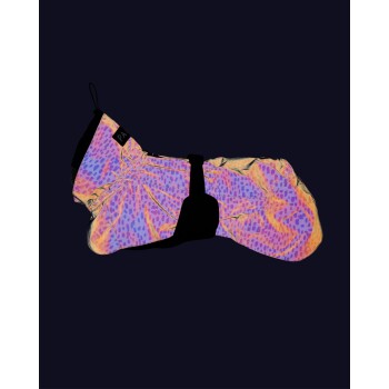 Buntes Haustiermäntelchen mit einem lebhaften Leopardenmuster in Lila-, Pink- und Orangetönen, mit einem schwarzen Riemen und Etikett.