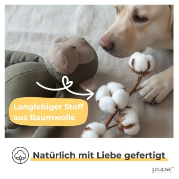Hund beschnuppert einen Baumwollzweig neben einem grünen Stoff-Hundespielzeug mit der Aufschrift „Langlebiger Stoff aus Baumwolle“.