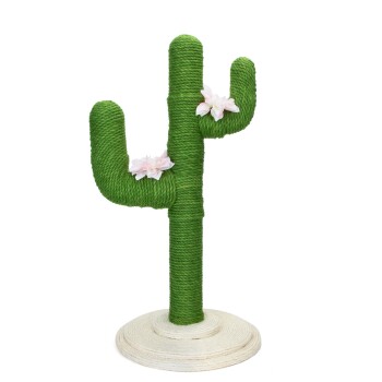 Grüner katzenförmiger Kratzbaum mit rosa Blumen, mit einem stabilen Sockel und strukturiertem Seil zum Kratzen.