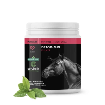 Behälter von "Detox-Mix Pulver" für Pferde, mit dem Kopf eines schwarzen Pferdes, mit Text, der die Unterstützung des Immunsystems und die Gesundheit der Leber hervorhebt.