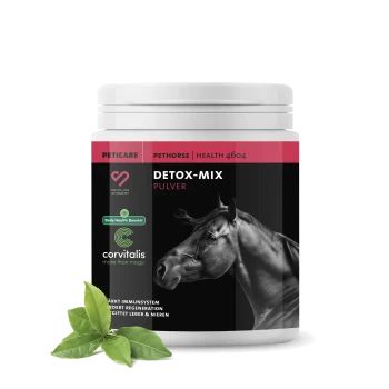 Behälter von "Detox-Mix Pulver" für Pferde, mit dem Kopf eines schwarzen Pferdes, mit Text, der die Unterstützung des Immunsystems und die Gesundheit der Leber hervorhebt.