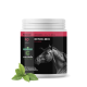 Behälter von "Detox-Mix Pulver" für Pferde, mit dem Kopf eines schwarzen Pferdes, mit Text, der die Unterstützung des Immunsystems und die Gesundheit der Leber hervorhebt.