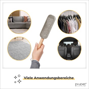 Eine Hand hält eine Fusselrolle mit kreisförmigen Bildern ihrer Verwendung auf einem Sofa, Teppich, Kleidung und Autositzen, beschriftet mit "Viele Anwendungsbereiche."