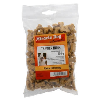 Tüte Miracle Dog Snacks Trainer Huhn Hundeleckerlis, 200g, mit Bild eines glücklichen Hundes und deutschem Text.