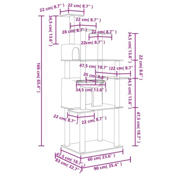 Diagramm eines mehrstöckigen Katzenbaums mit in Zentimetern und Zoll beschrifteten Abmessungen, das verschiedene Plattformen und einen gemütlichen Rückzugsort zeigt.