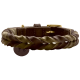 Ein stilvolles geflochtenes Hundehalsband aus dunkelbraunem und olivgrünem Leder, mit einer goldenen Schnalle und einem kleinen runden Anhänger mit einem Hundesilhouette.