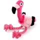 Rosa Plüsch-Flamingo-Hundespielzeug mit langem Hals, schwarzem Schnabel und Schwanzakzenten, geflochtenen Seilbeinen mit Quastenenden.