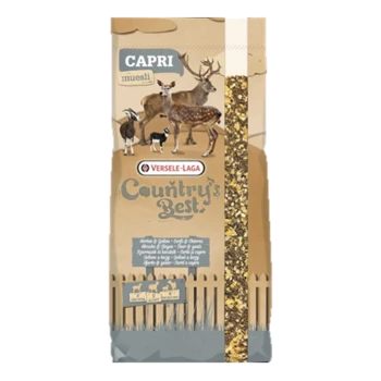 Un sac de "Capri Muesli" de Versele-Laga, présentant des images d'un cerf, d'une chèvre et d'un chien, avec un design rustique et une illustration de clôture.