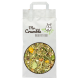 Weiße Tüte mit der Aufschrift 'Mr. Crumble Dried Pet Food' mit einem runden Fenster, das gemischte getrocknete Kräuter und Blumen zeigt.