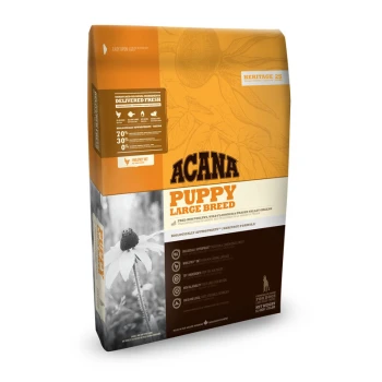 ACANA Puppy Large Breed Hundefutterbeutel mit einem lebhaften orange- und cremefarbenen Design, das frische Zutaten und ernährungsphysiologische Vorteile hervorhebt.