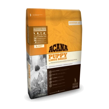 ACANA Puppy Large Breed Hundefutterbeutel mit einem lebhaften orange- und cremefarbenen Design, das frische Zutaten und ernährungsphysiologische Vorteile hervorhebt.