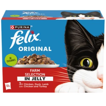 Packaging for Purina Felix Original cat food featuring a black and white cat's face, with "Farm Selection in Jelly" and "No Colourants" labels.