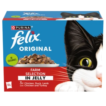 Packaging for Purina Felix Original cat food featuring a black and white cat's face, with "Farm Selection in Jelly" and "No Colourants" labels.
