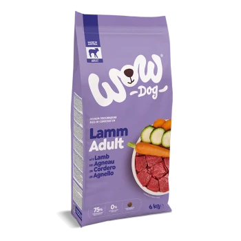 Violetter 6‑kg-Beutel Wow‑Dog „Lamm Adult“ Hundefutter, Lammgeschmack mit abgebildeten Karotten und Zucchini, ‚Made in Austria‘-Label