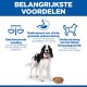 Hond en bak brokjes onder kop 'BELANGRIJKSTE VOORDELEN' met labels: 'Voeding, spijsvertering, ideaal gewicht'.