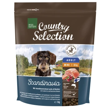 Country Selection Mini Adult Scandinavia 1 kg Braune Hundefuttertüte mit der Aufschrift "Real Nature Country Selection" und einer malerischen Kulisse, die den Geschmack "Skandinavien" für kleine erwachsene Hunde zeigt.