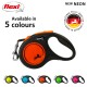 Flexi retractable dog leash in neon orange, showcasing a honeycomb design, with text stating "Available in 5 colours" and "NEW NEON".