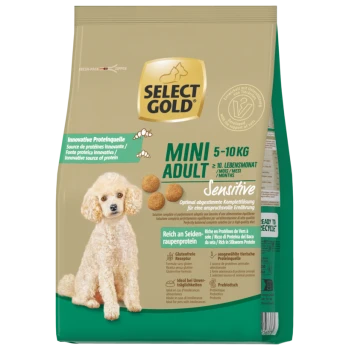 Bag of Select Gold Mini Adult Sensitive dog food for 5-10 kg dogs with innovative protein, gluten-free, prebiotic formula.