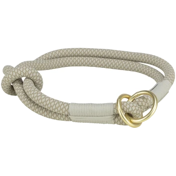 Un collier de chien tressé beige avec un nœud décoratif et un anneau en métal doré, présenté sur un fond blanc.