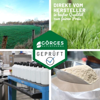 Behälter von HühnerLand Immun Komplex für Hühner, mit einer Grafik einer Henne, mit Text, der Kolostrum und Propolis hervorhebt, 500g, hergestellt in Deutschland.