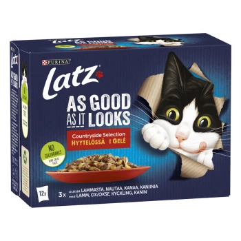 Eine Schachtel Purina Latz Katzenfutter mit einer schwarz-weißen Katze, die durch einen Riss schaut, beschriftet mit "So gut wie es aussieht" und "Keine Farbstoffe."