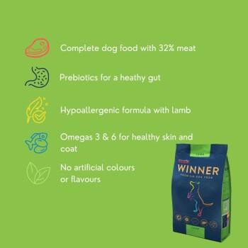 Premium dog food bag labeled "WINNER" with lamb, featuring benefits like 32% meat, prebiotics, and no artificial colors.