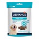 Emballage de friandises pour chiots Advance présentant un chiot golden retriever, étiqueté "Croissance saine" avec un graphique d'une friandise en forme d'os, 150 g.