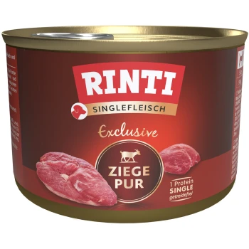 Rinti Single Protein Exclusive Ziege Pur Dosenfutter für Hunde, mit Ziegenfleisch, mit Bildern von rohem Fleisch auf dem Etikett.