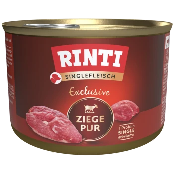 Nourriture pour chien en conserve Rinti Single Protein Exclusive Ziege Pur, contenant de la viande de chèvre, avec des images de viande crue sur l'étiquette.