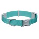 Ein türkisfarbener Hundehalsband mit gesprenkeltem Design und einer grauen Schnalle, mit dem Markennamen "RUFFWEAR" auf dem Verschluss.