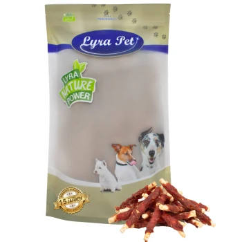 Lyra Hundesnacks Verpackung: beiger Beutel mit grünem "Lyra Nature Power" Etikett, mit einem Hund, einer Katze und Snacks vorne.