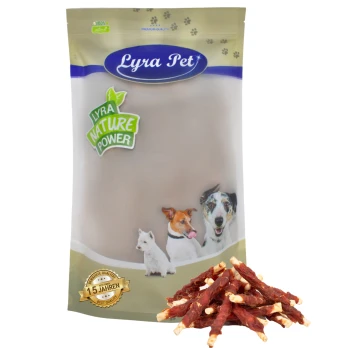 Lyra Hundesnacks Verpackung: beiger Beutel mit grünem "Lyra Nature Power" Etikett, mit einem Hund, einer Katze und Snacks vorne.