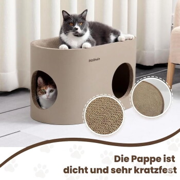 Beiges ovales Katzenhaus mit Marke „petanein“, Kopf einer rotgetigerten Katze steckt aus dem linken Loch und der Schwanz schaut aus dem rechten, auf einem gewebten Teppich.