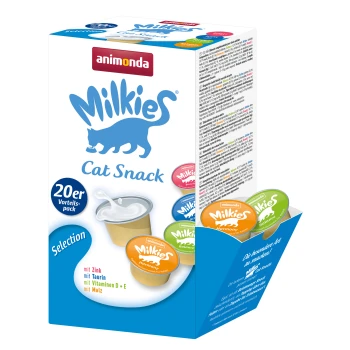 Milkies 20x15g Selection Box Packung animonda Milkies Katzensnacks mit einer Vielzahl von Geschmacksrichtungen in bunten Bechern, die mit Nährwertvorteilen gekennzeichnet sind.