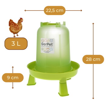 Grüne GarPet-Tränke (3 L) mit erhöhtem Trog und Füßen; Beschriftungen zeigen 22,5 cm, 28 cm, 9 cm.