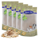 Vier Beutel Lyra Pet Natural Power Hundefutter, mit einem Haufen getrockneter Fleischleckerlis davor.