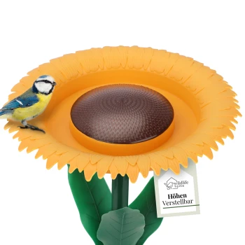 Ein farbenfroher, sonnenblumenförmiger Vogelhäuschen mit einem blauen Tit, der auf der Kante sitzt, mit einem Etikett, das "Höhen Verstellbar" liest.