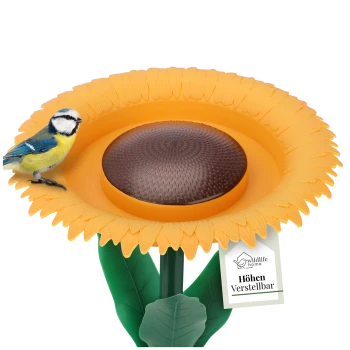 Ein farbenfroher, sonnenblumenförmiger Vogelhäuschen mit einem blauen Tit, der auf der Kante sitzt, mit einem Etikett, das "Höhen Verstellbar" liest.