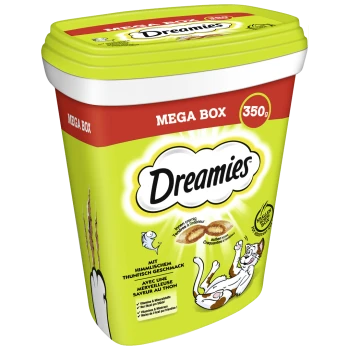 Dreamies Katzenleckerlis in einer 350g Mega-Box, mit einem verspielten Katzen- und Fischgrafik, mit Text, der den Thunfischgeschmack und die cremige Textur hervorhebt.