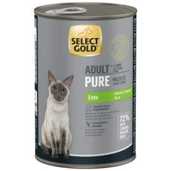 Select Gold Adult Pure Duck getreidefreie Katzenfutterdose mit Bild einer Siamkatze, 72 % Ente, ideal für Haustiere mit Unverträglichkeiten.