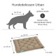 Braunes Hundebett mit der Aufschrift "Hunde Kissen Urban," Abmessungen 80 cm x 60 cm, geeignet für größere Hunde wie Border Collies und Chow Chows.